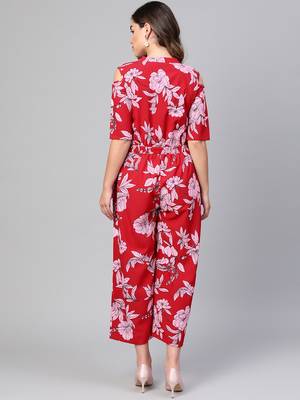 Myshka Women's Red Polyester Printed Half Sleeve Casual Jumpsuit 2
