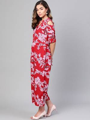 Myshka Women's Red Polyester Printed Half Sleeve Casual Jumpsuit 3