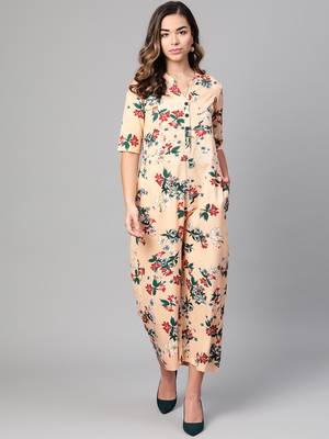 Myshka Women's Peach Polyester Printed Half Sleeve Casual Jumpsuit 1