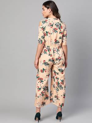 Myshka Women's Peach Polyester Printed Half Sleeve Casual Jumpsuit 2