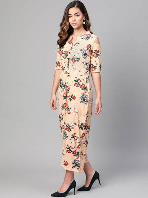 Myshka Women's Peach Polyester Printed Half Sleeve Casual Jumpsuit 3
