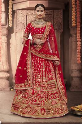 Red embroidered silk semi stitched lehenga 1