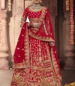 Red embroidered silk semi stitched lehenga