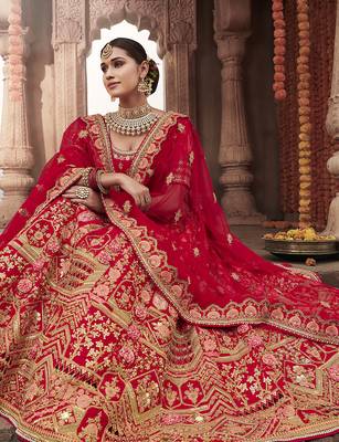 Red embroidered silk semi stitched lehenga 2