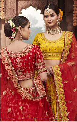 Red embroidered silk semi stitched lehenga 3