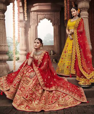 Yellow embroidered silk semi stitched lehenga 2