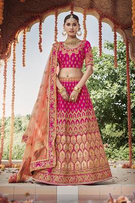 Rani-pink embroidered silk semi stitched lehenga 1