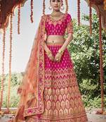 Rani-pink embroidered silk semi stitched lehenga