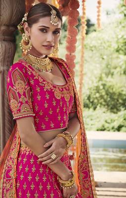 Rani-pink embroidered silk semi stitched lehenga 3