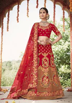 Red embroidered silk semi stitched lehenga 1