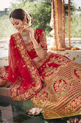 Red embroidered silk semi stitched lehenga 2