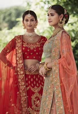 Red embroidered silk semi stitched lehenga 3