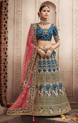 Teal embroidered silk semi stitched lehenga 1