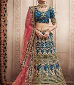Teal embroidered silk semi stitched lehenga
