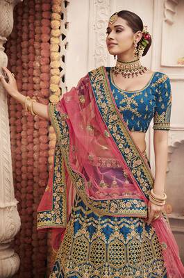 Teal embroidered silk semi stitched lehenga 2
