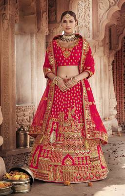 Red embroidered silk semi stitched lehenga 1