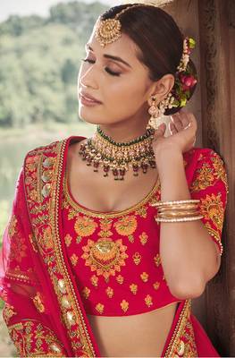 Red embroidered silk semi stitched lehenga 2