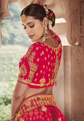 Red embroidered silk semi stitched lehenga 3