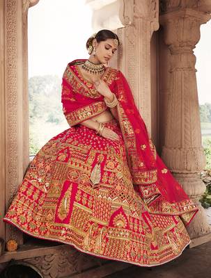 Red embroidered silk semi stitched lehenga 4
