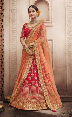 Scarlet-red embroidered silk semi stitched lehenga 1