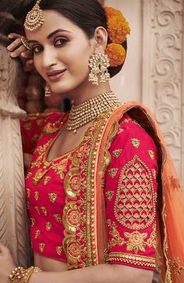 Scarlet-red embroidered silk semi stitched lehenga 2