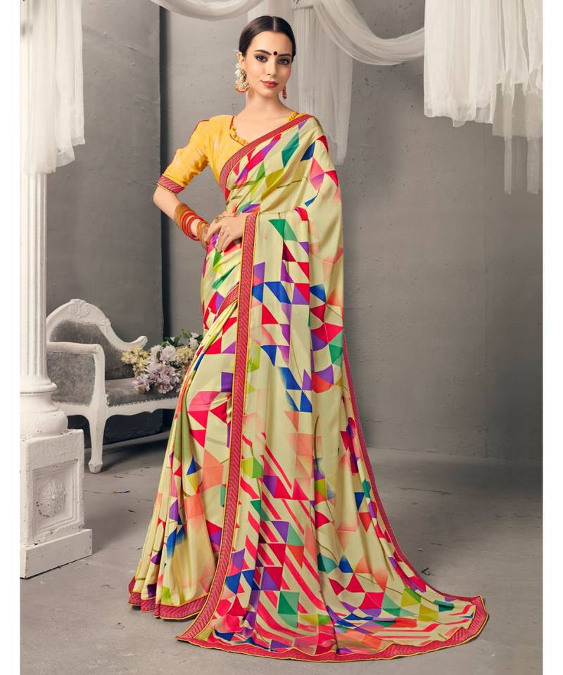 Multicolor Digital Print and Jacquard Lace Border Poly Crepe Saree with Blouse