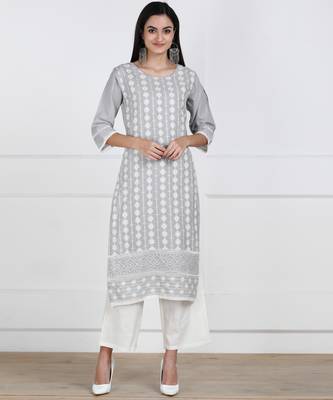 SWAGG INDIA Womens Wear Cotton Embrodiery Chikankari Grey Kurta 1