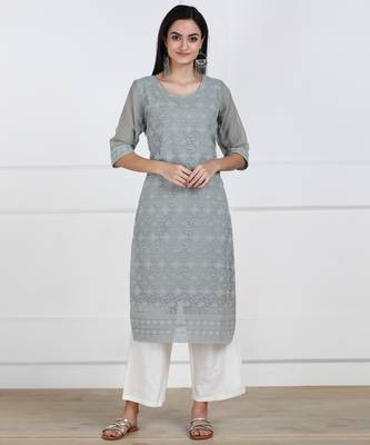 SWAGG INDIA Women's Wear Lucknowi Chikankari Needlecraft Faux Georgette Regular Wear Grey Kurti Kurta 1