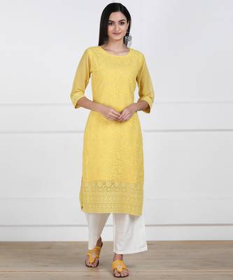 SWAGG INDIA Women's Wear Lucknowi Chikankari Needlecraft Faux Georgette Regular Wear Yellow Kurti Kurta 1