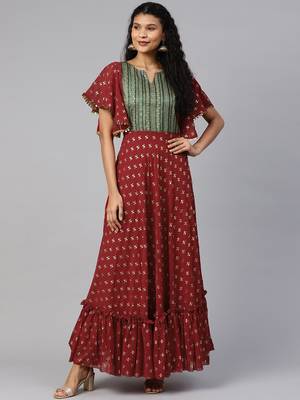 Maroon printed georgette ethnic-kurtis 1