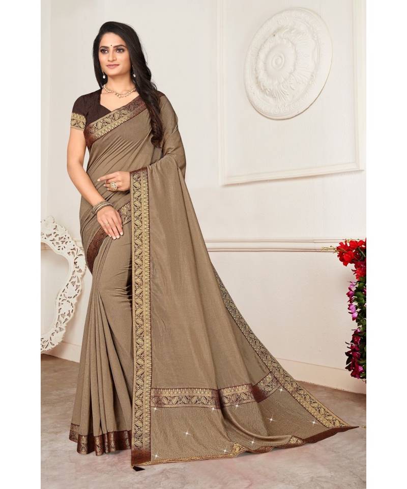Indian Women Brown Vichitra silk Lace with stone Work Designer Saree -  Indian Women Fashions Pvt Ltd - 3406268