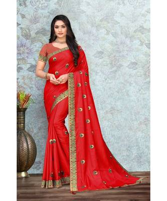 Indian Women Red Vichitra silk Lace with stone Work Designer Saree 1