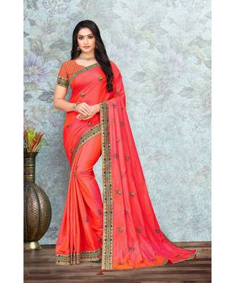 Indian Women Peach Vichitra silk Lace with stone Work Designer Saree 1