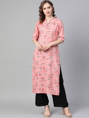 Pink printed rayon kurtis 1