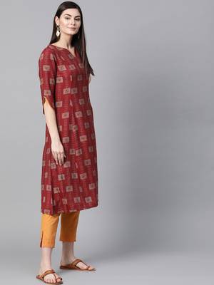 Maroon printed rayon kurtis 4