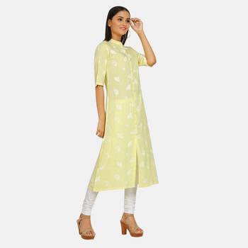 Yellow printed rayon kurtas-and-kurtis 3
