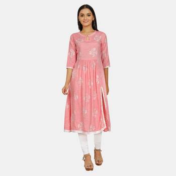 Pink printed rayon kurtis 1