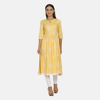 Yellow printed rayon kurtis 1