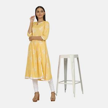 Yellow printed rayon kurtis 3