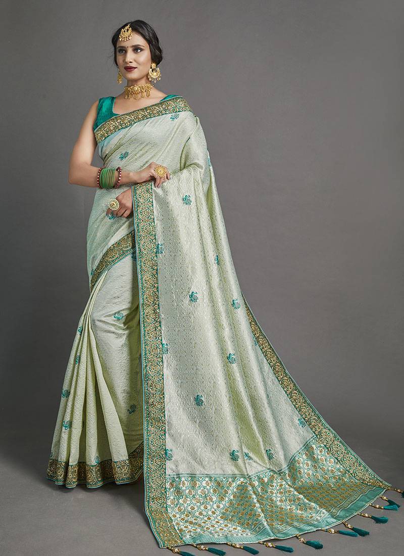 Mint Green Color Designer Jodhpuri Saree With Blouse Piece
