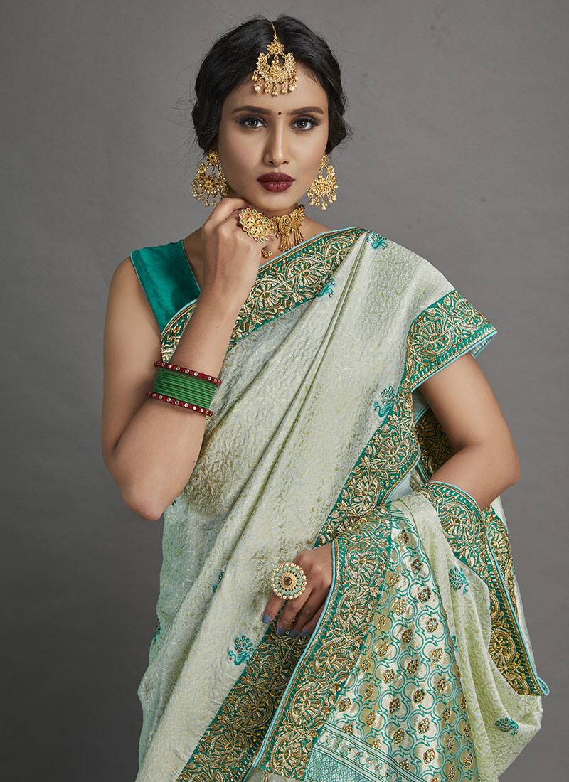 Mint Green Color Designer Jodhpuri Saree With Blouse Piece
