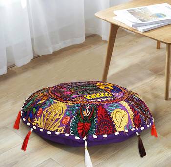 Lalhaveli Khambadiya Bed Sofa Decorative Cotton Round Floor Meditation Throw Pillowcase 18 Inch 1 Pcs 2