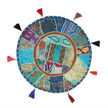 Lalhaveli Turquoise Cotton Khambadiya Cushion Pouf Cases Patchwork Round Floor Pillow Cover Cushions Cover 18 Inch 1