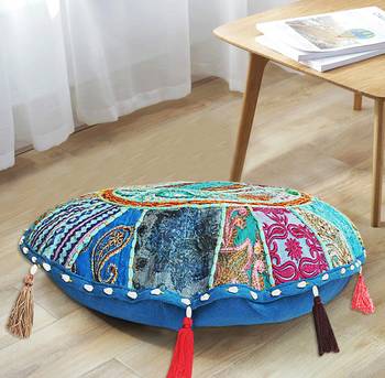 Lalhaveli Turquoise Cotton Khambadiya Cushion Pouf Cases Patchwork Round Floor Pillow Cover Cushions Cover 18 Inch 2