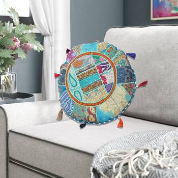 Lalhaveli Turquoise Cotton Khambadiya Cushion Pouf Cases Patchwork Round Floor Pillow Cover Cushions Cover 18 Inch 3