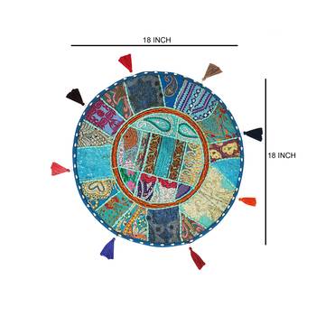 Lalhaveli Turquoise Cotton Khambadiya Cushion Pouf Cases Patchwork Round Floor Pillow Cover Cushions Cover 18 Inch 4