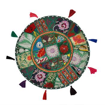 Lalhaveli Green Round Sofa Bed Décor Khambadiya Patchwork Cotton Floor Ottoman Sham Meditation Cushions Cover 1 Pcs 1