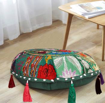 Lalhaveli Green Round Sofa Bed Décor Khambadiya Patchwork Cotton Floor Ottoman Sham Meditation Cushions Cover 1 Pcs 2