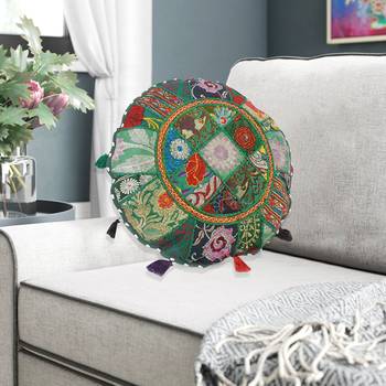 Lalhaveli Green Round Sofa Bed Décor Khambadiya Patchwork Cotton Floor Ottoman Sham Meditation Cushions Cover 1 Pcs 3