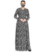Mushkiya-Black & White Printed Dress In Chiffon Fabric With Extra Flare and Half Open Front.